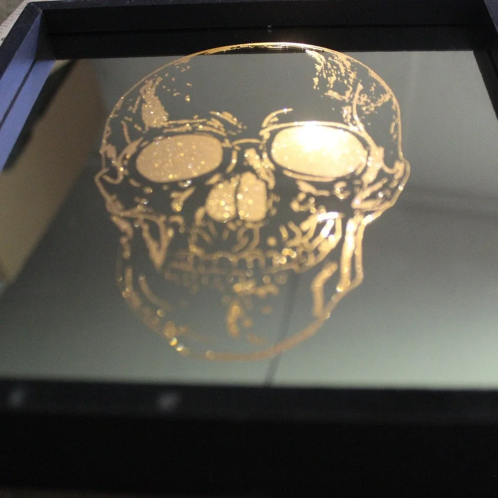 Skull Mirror Light Up Shadow Box Art Etched Glass Black Frame 8x8